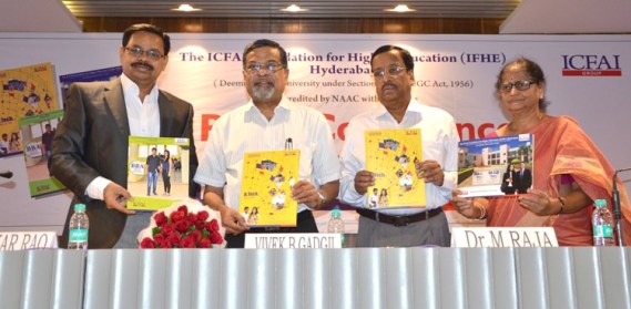 Mr Sudhakar Rao, Mr Vivek B.Gadgil, Dr M Raja and Prof Hemalatha Devi at the press conference conducted to launch ICFAI UG Programs Prospectus